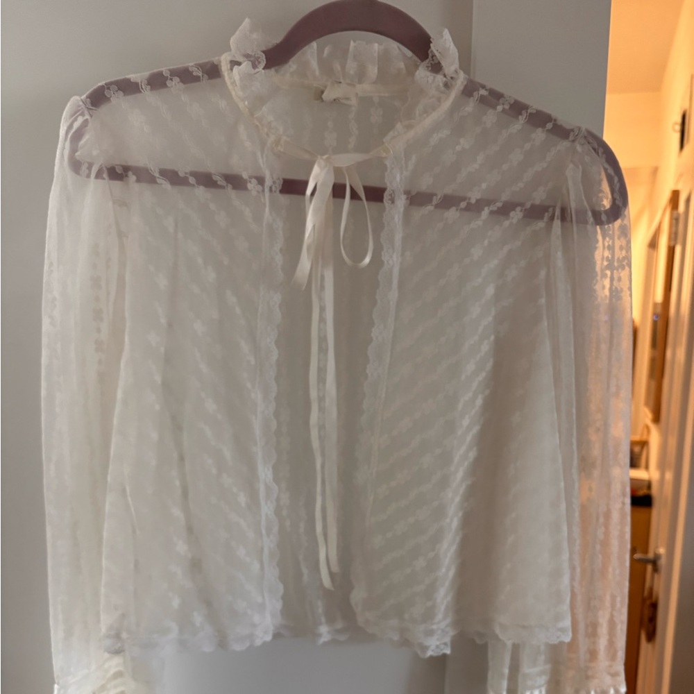 VINTAGE 1970s White Sheer Lace Ruffle Tie Cardigan Size Small